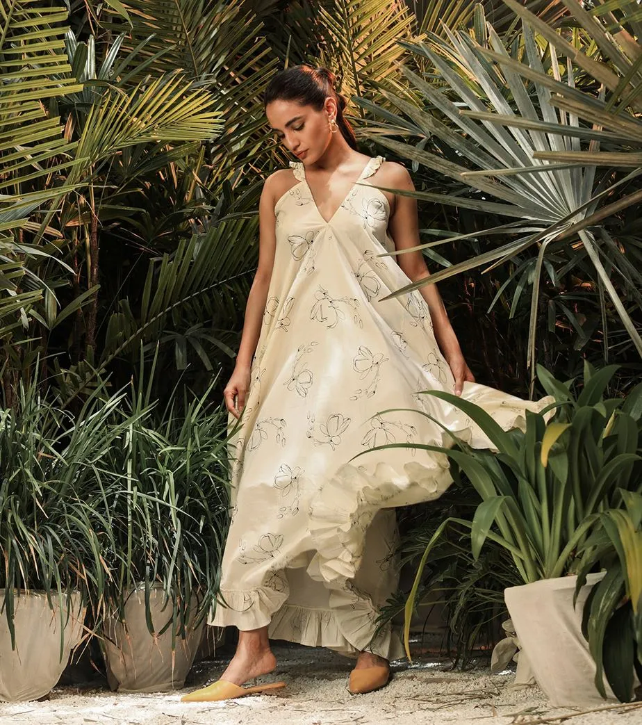 Khara Kapas   -   Water Lily Blooms White Floral handkerchief dress - Another Day in Paradise