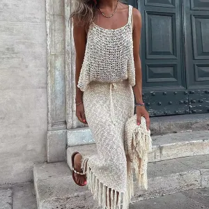 Knitted Camisole Blouse Tassel Skirts Two Piece Knit Sets