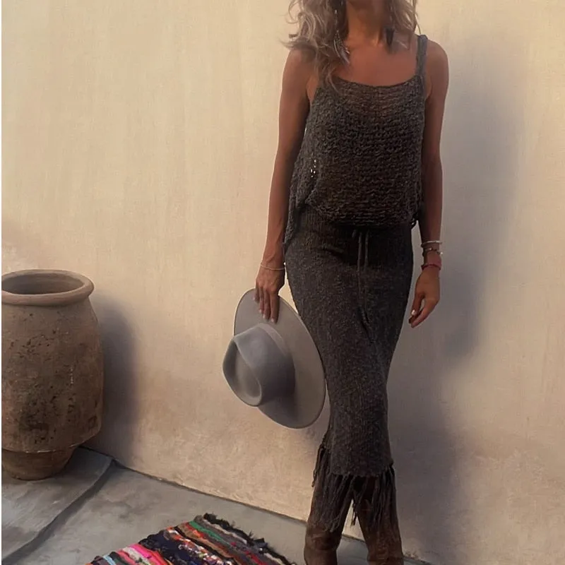 Knitted Camisole Blouse Tassel Skirts Two Piece Knit Sets
