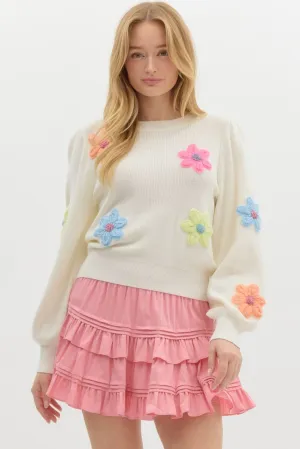 Knitted Floral Pullover {Cream}