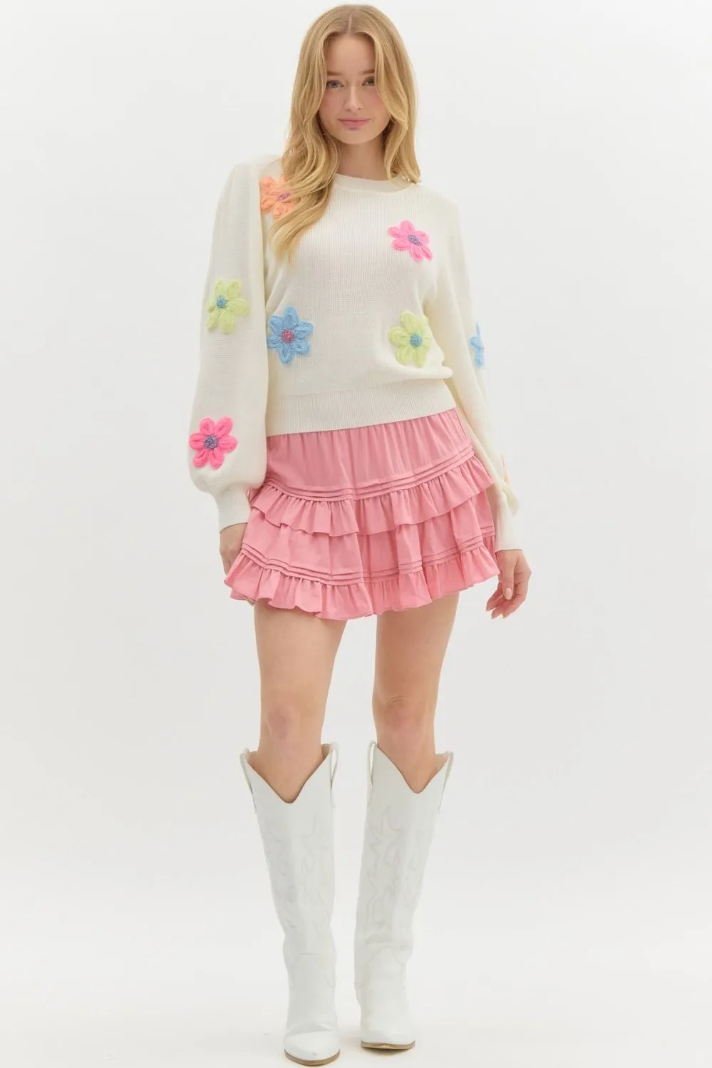 Knitted Floral Pullover {Cream}