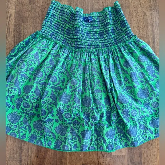 La Plage Palace Smocked Skirt SZ M Green Navy Multi