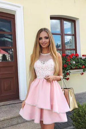 Lace Pink Beads Ruffled Homecoming Dresses Short Formal Gown, MH445