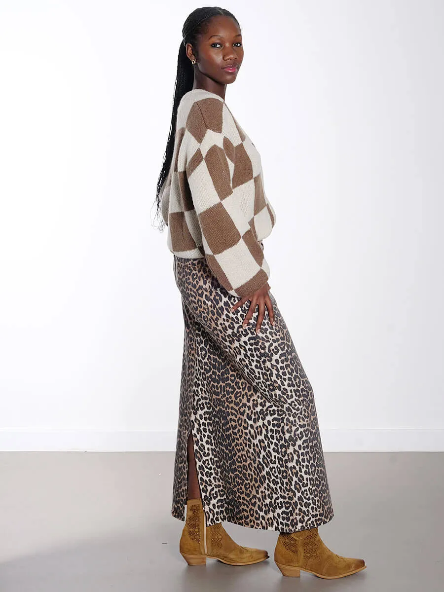 Leopard Denim Maxi Skirt