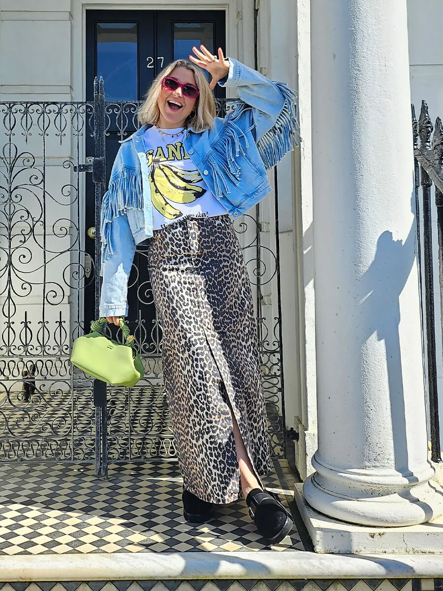 Leopard Denim Maxi Skirt