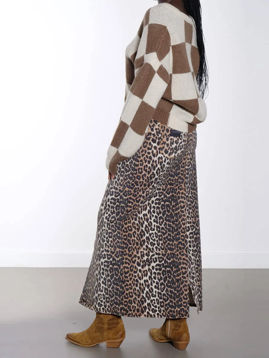 Leopard Denim Maxi Skirt