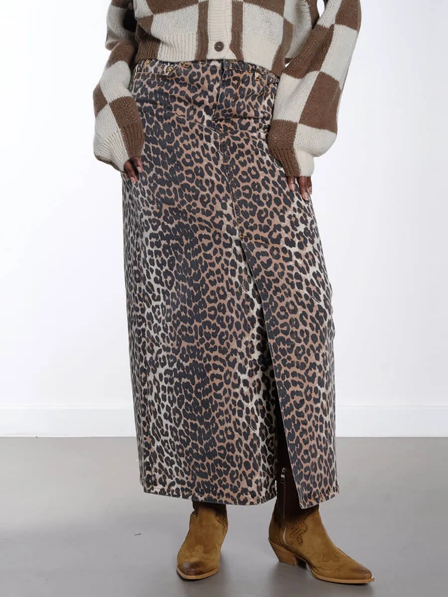 Leopard Denim Maxi Skirt