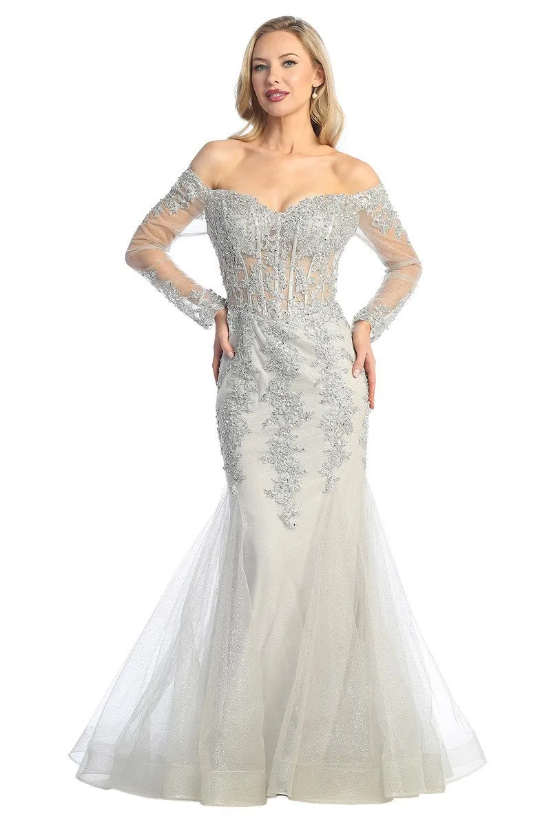 LF 7828 - Off the Shoulder Long Sleeve Mermaid Prom Gown with Sheer Boned Bodice