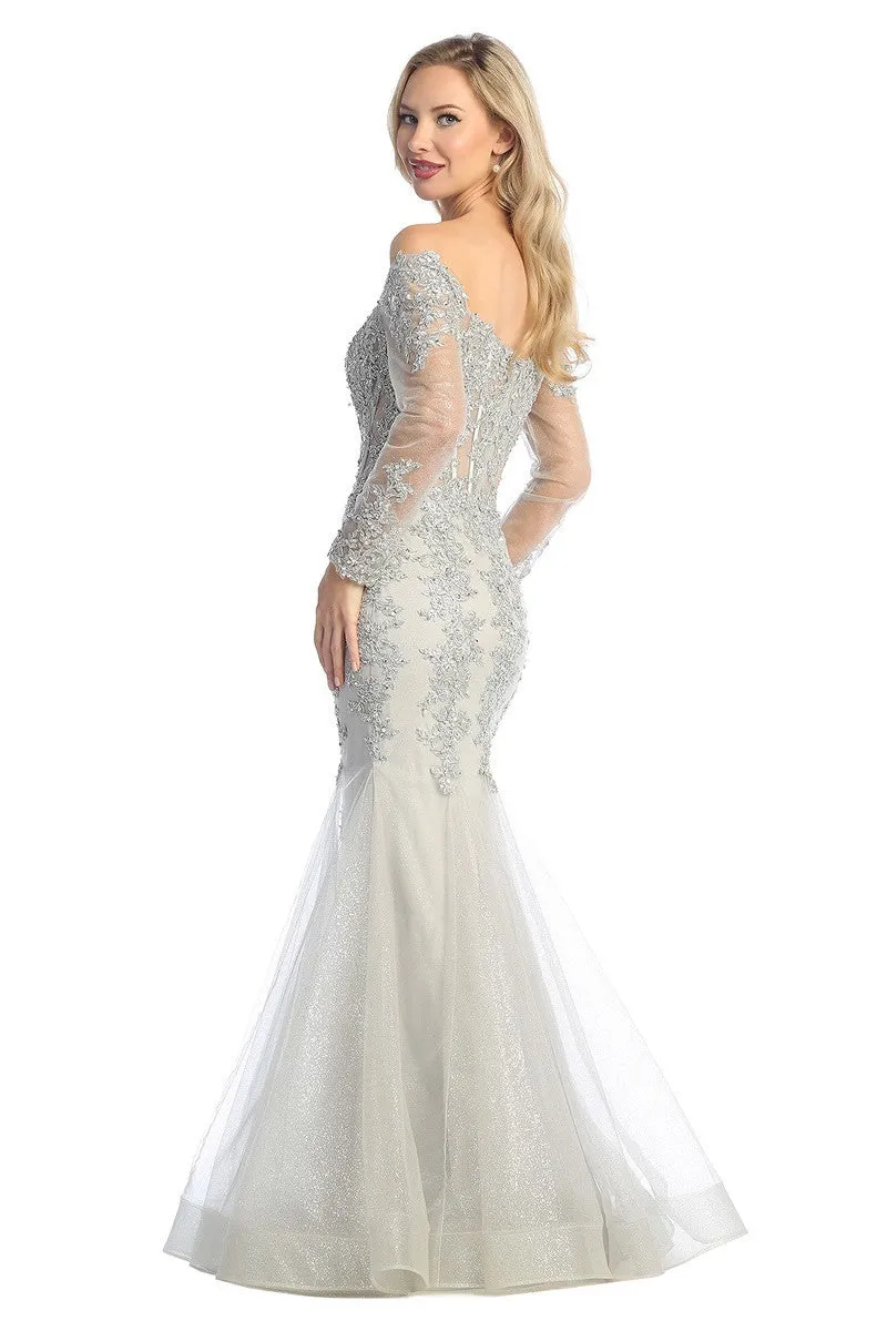 LF 7828 - Off the Shoulder Long Sleeve Mermaid Prom Gown with Sheer Boned Bodice