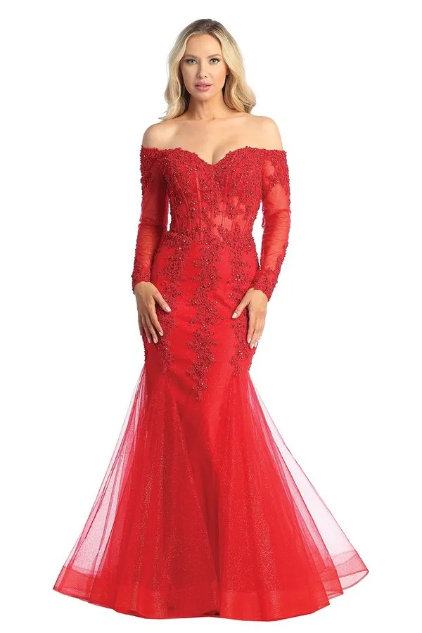 LF 7828 - Off the Shoulder Long Sleeve Mermaid Prom Gown with Sheer Boned Bodice