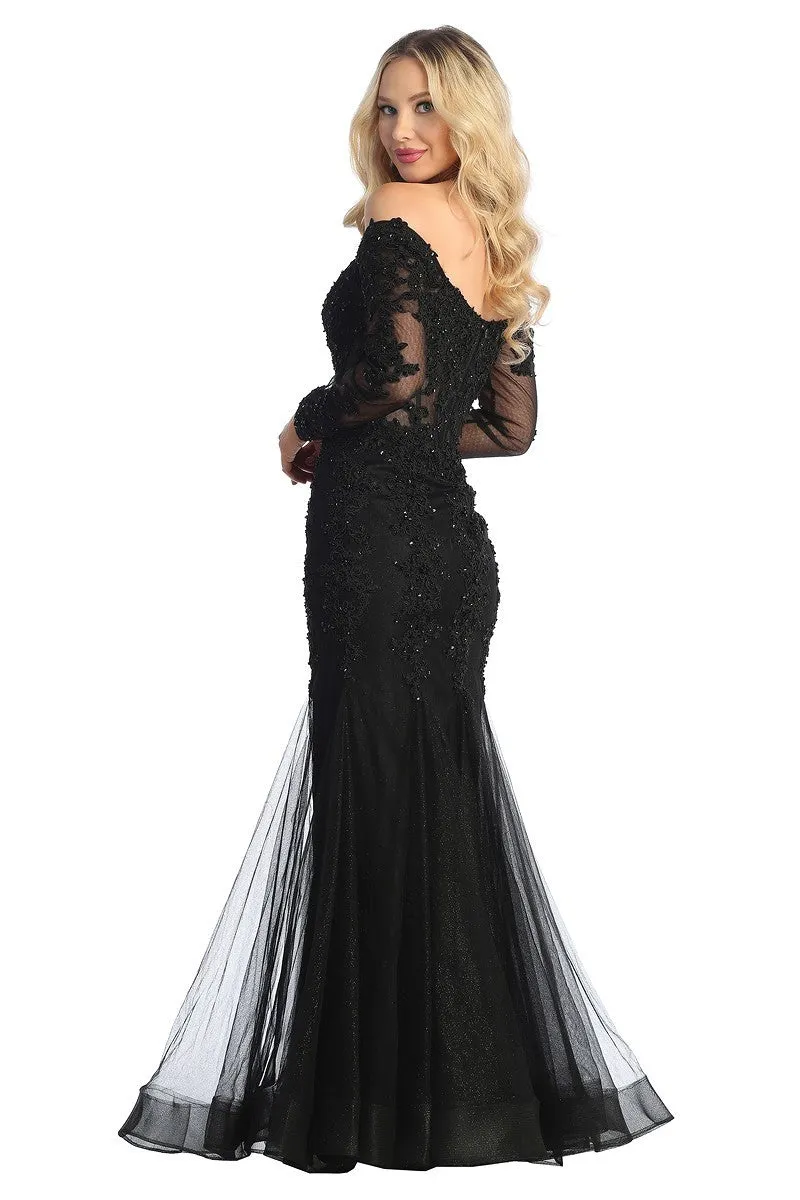 LF 7828 - Off the Shoulder Long Sleeve Mermaid Prom Gown with Sheer Boned Bodice