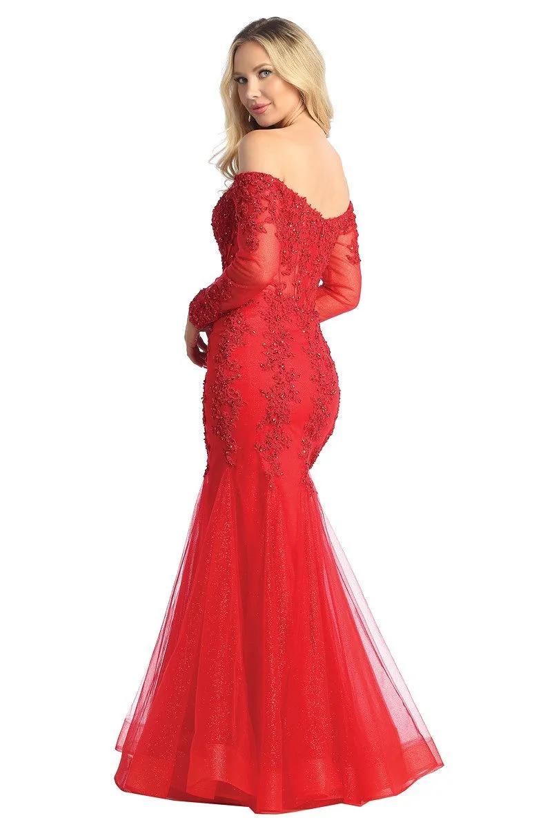 LF 7828 - Off the Shoulder Long Sleeve Mermaid Prom Gown with Sheer Boned Bodice