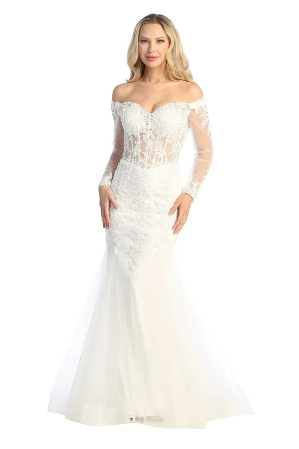 LF 7828 - Off the Shoulder Long Sleeve Mermaid Prom Gown with Sheer Boned Bodice
