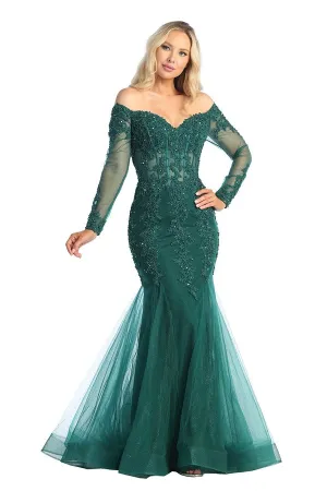 LF 7828 - Off the Shoulder Long Sleeve Mermaid Prom Gown with Sheer Boned Bodice