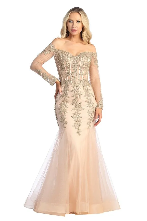 LF 7828 - Off the Shoulder Long Sleeve Mermaid Prom Gown with Sheer Boned Bodice
