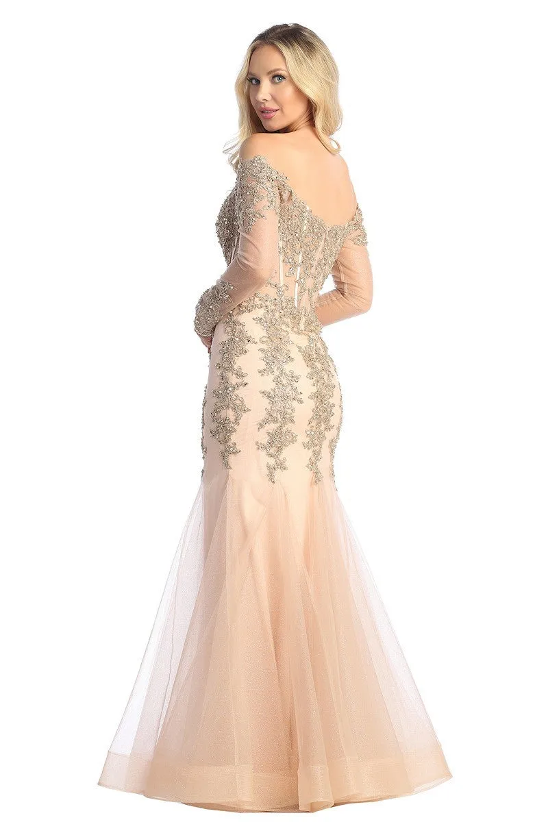 LF 7828 - Off the Shoulder Long Sleeve Mermaid Prom Gown with Sheer Boned Bodice