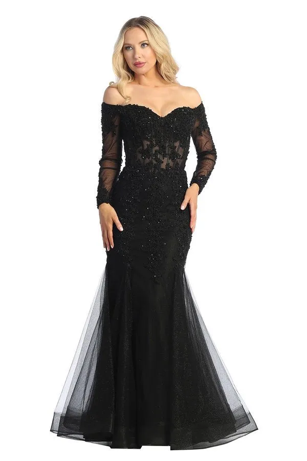 LF 7828 - Off the Shoulder Long Sleeve Mermaid Prom Gown with Sheer Boned Bodice