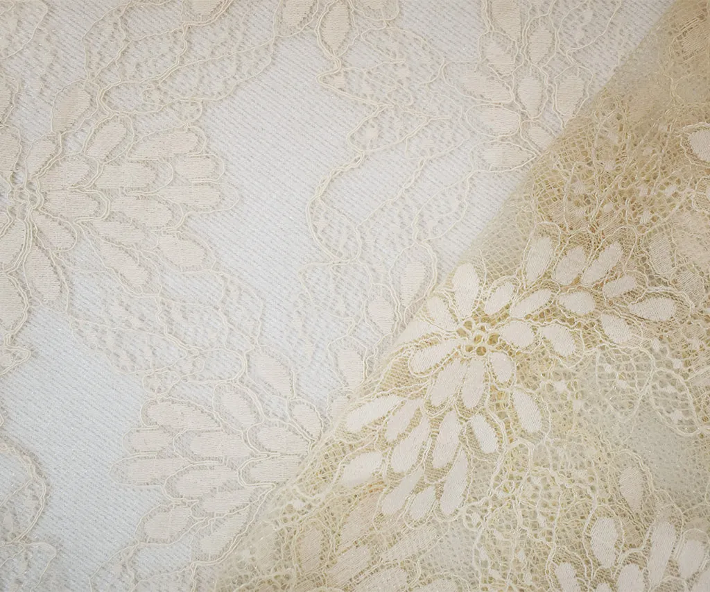 Light Beige Nylon Cotton Floral Lace Mesh Knit Fabric