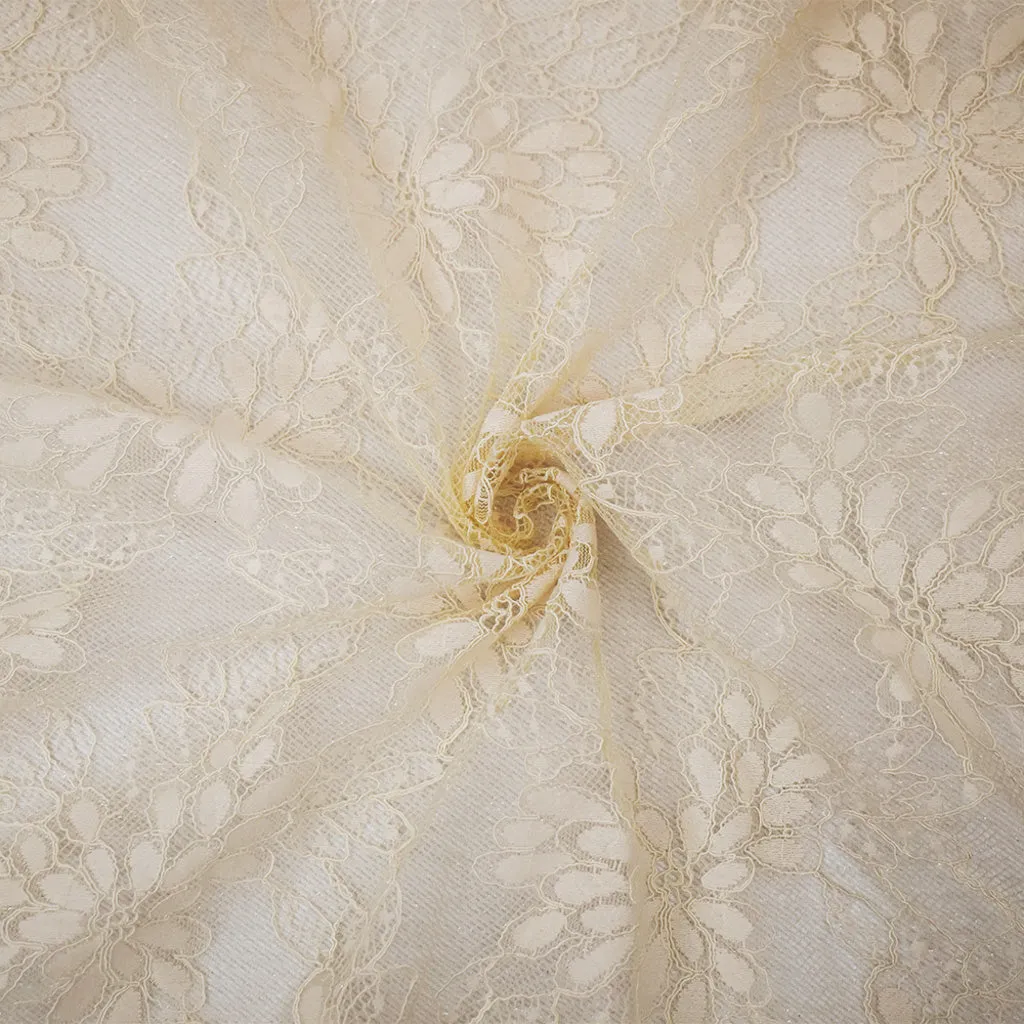 Light Beige Nylon Cotton Floral Lace Mesh Knit Fabric