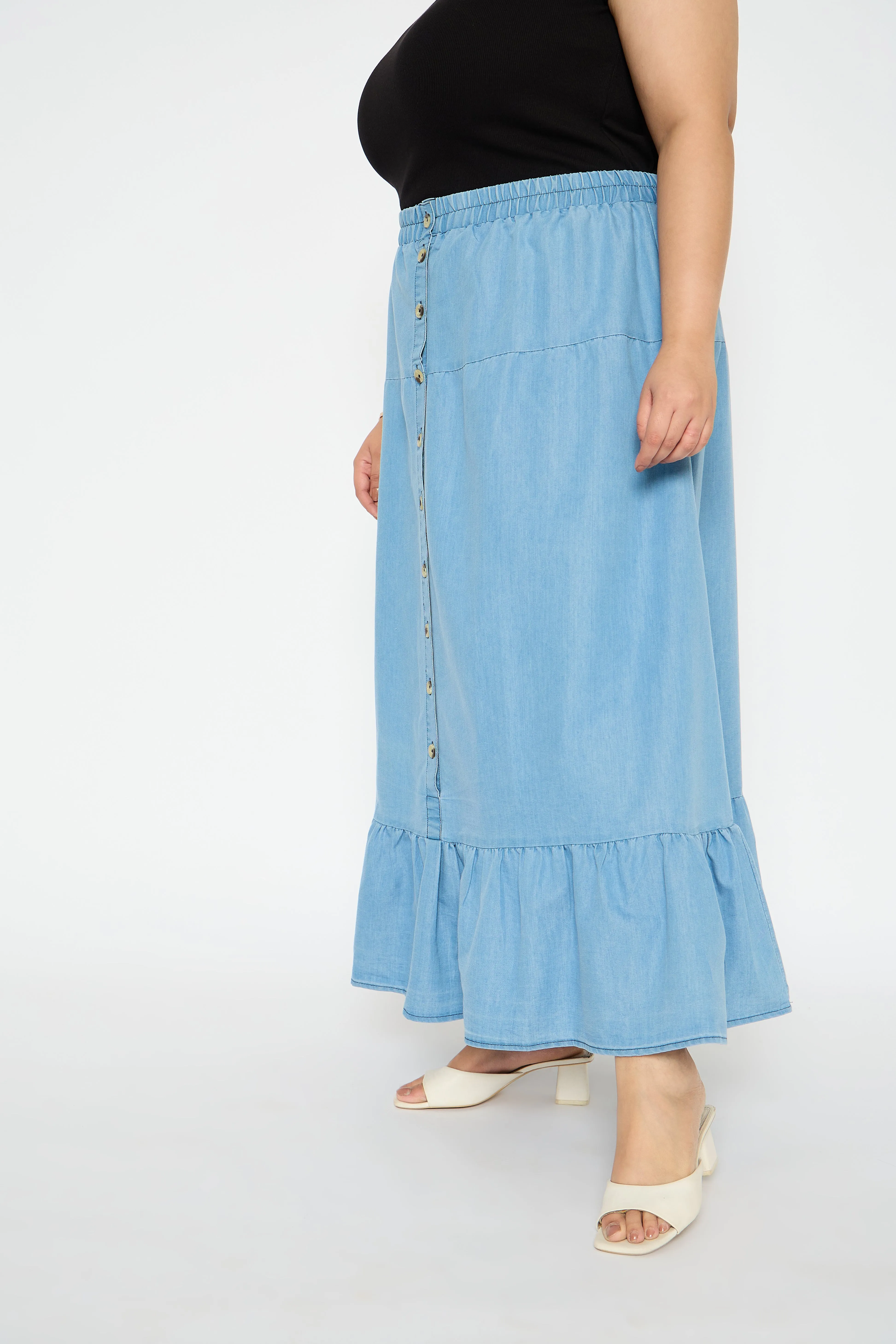 Light Blue Elastic Waist Denim Skirt for Plus Size Women