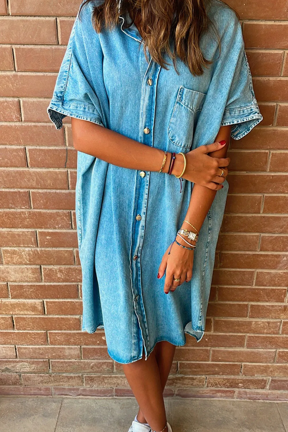 Light Blue Loose Medium Wash Short Sleeve Shirt Chambray Dress