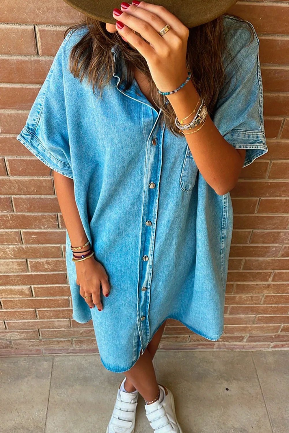 Light Blue Loose Medium Wash Short Sleeve Shirt Chambray Dress