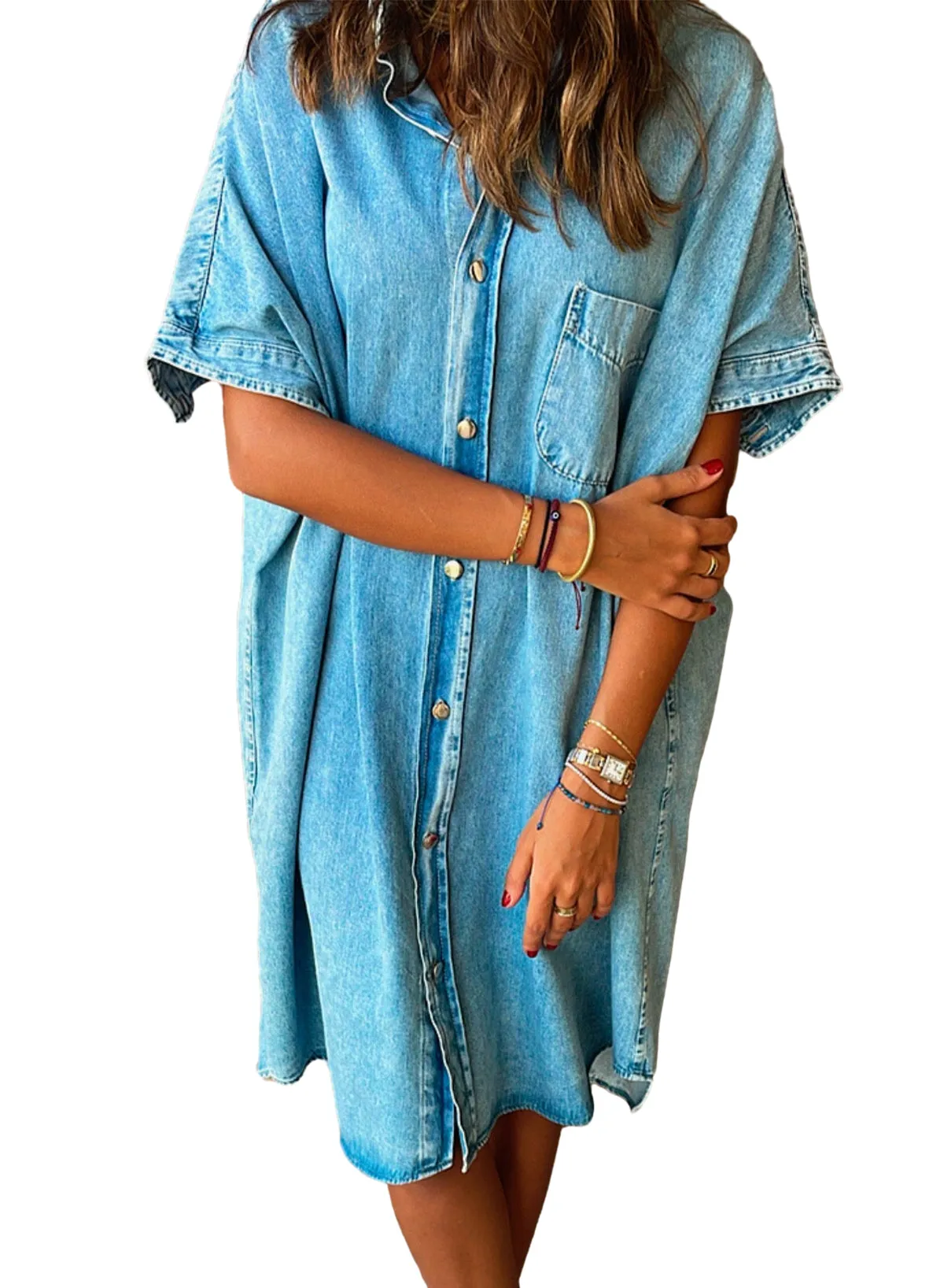 Light Blue Loose Medium Wash Short Sleeve Shirt Chambray Dress