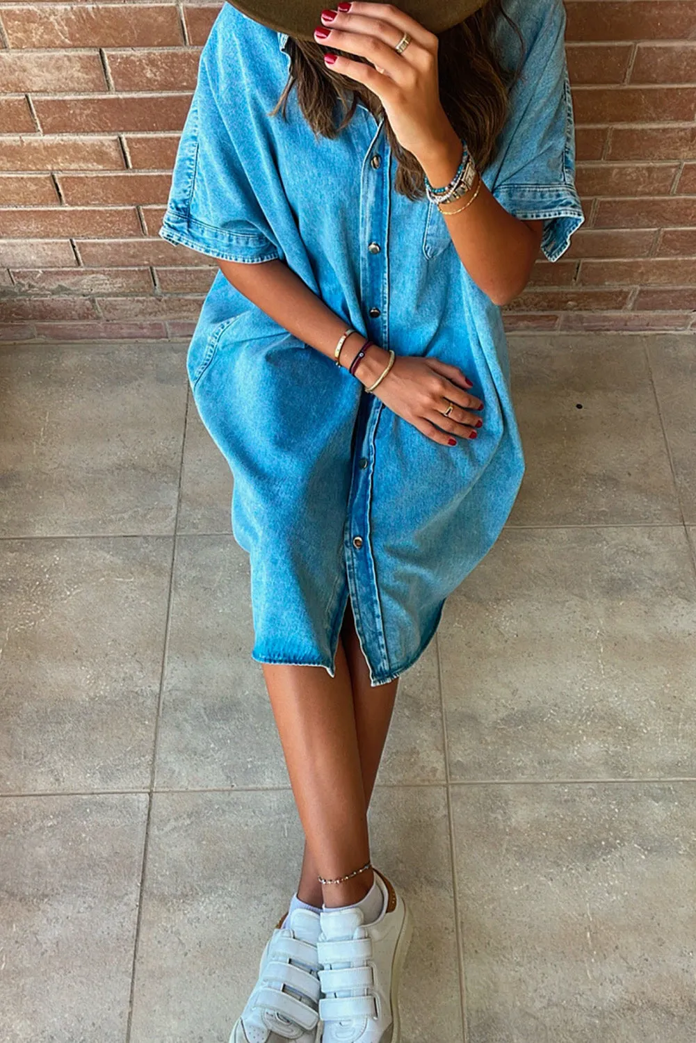 Light Blue Loose Medium Wash Short Sleeve Shirt Chambray Dress