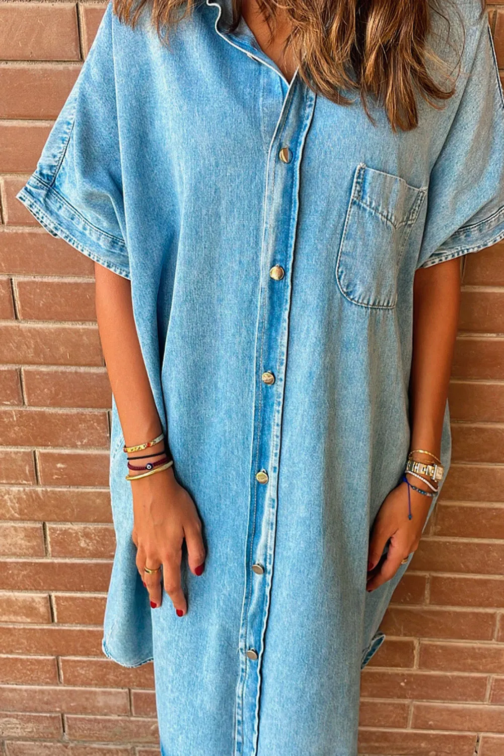 Light Blue Loose Medium Wash Short Sleeve Shirt Chambray Dress