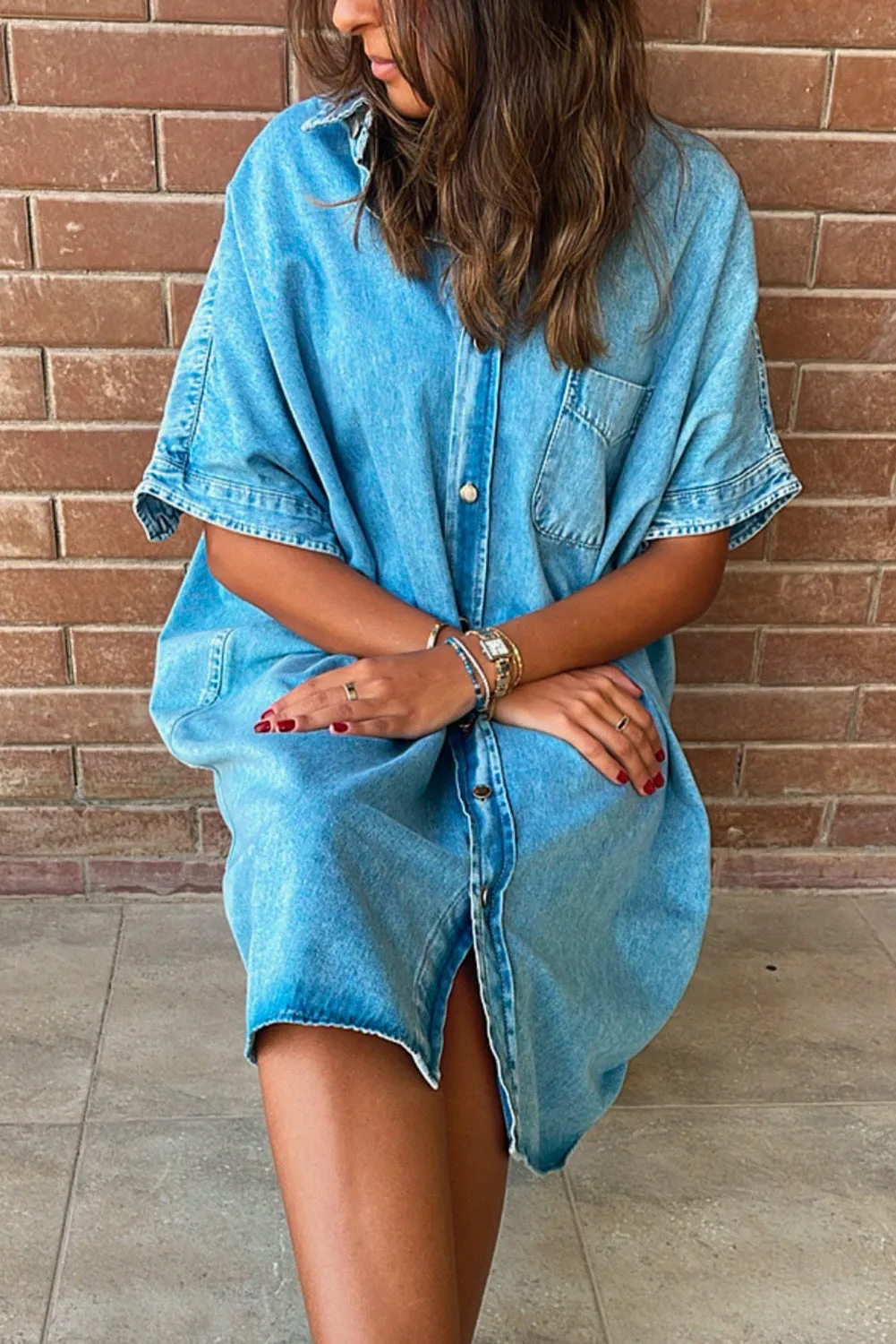 Light Blue Loose Medium Wash Short Sleeve Shirt Chambray Dress