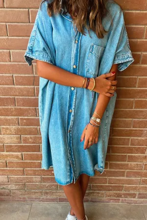 Light Blue Loose Medium Wash Short Sleeve Shirt Chambray Dress