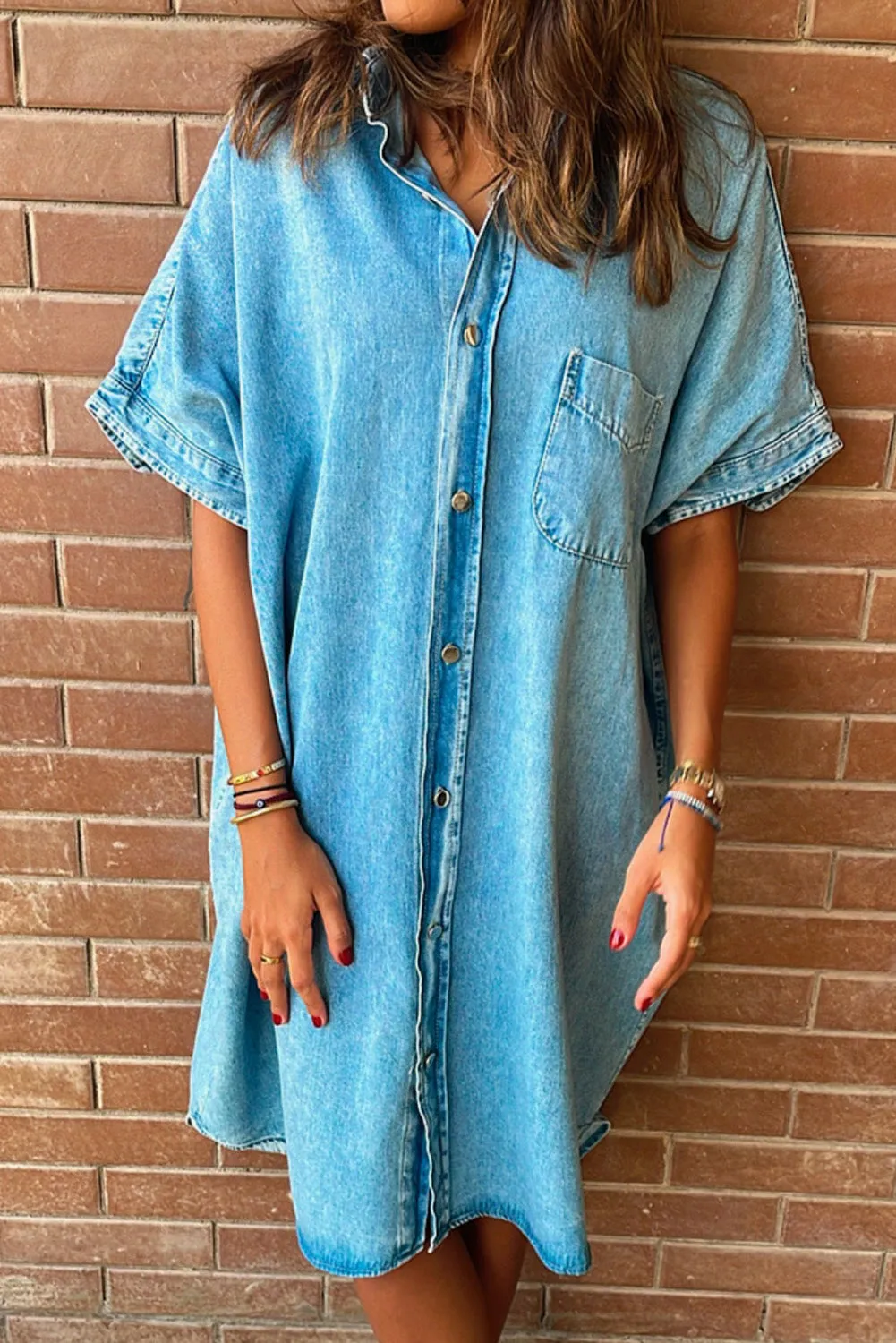 Light Blue Loose Medium Wash Short Sleeve Shirt Chambray Dress