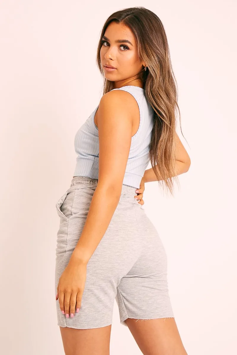 Light Blue Ribbed Button Front Crop Top - Brihana
