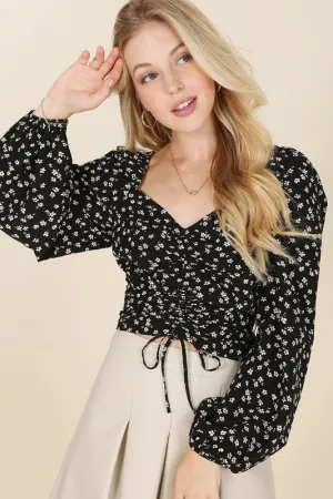 Lilou Ruched floral print crop top with puff sleeves