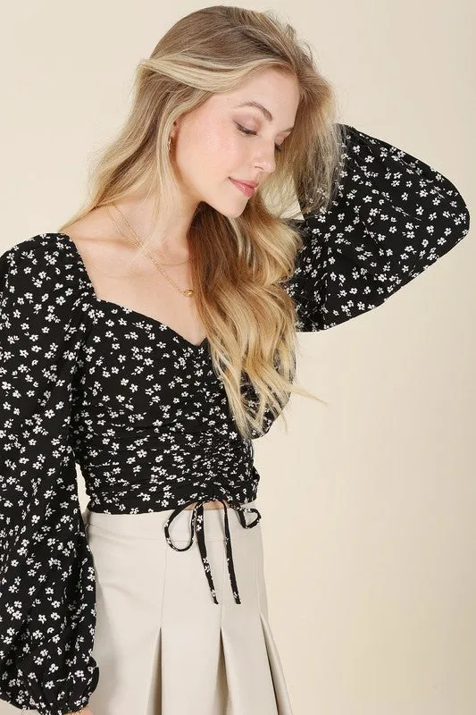 Lilou Ruched floral print crop top with puff sleeves