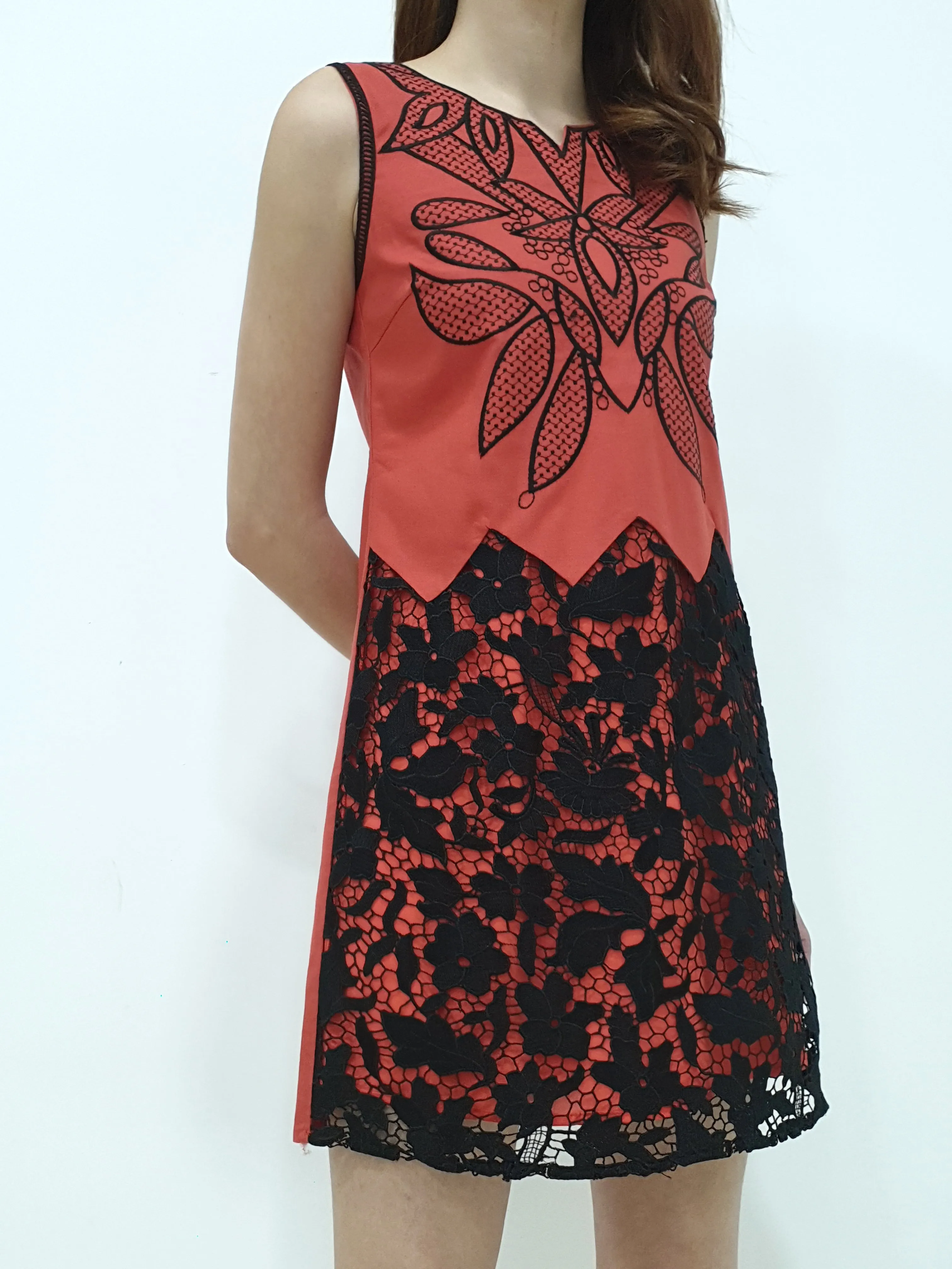 Linen Lace Bottom Dress - Orange (Non-returnable)