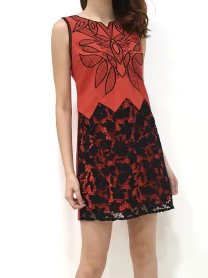 Linen Lace Bottom Dress - Orange (Non-returnable)