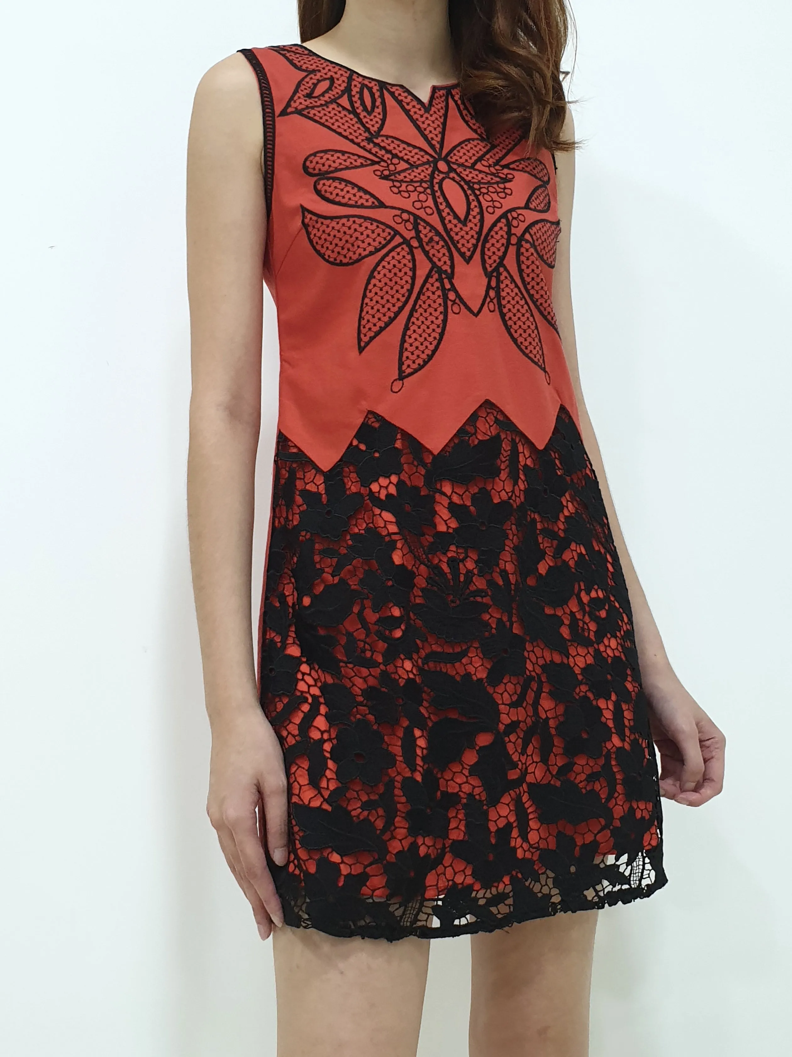 Linen Lace Bottom Dress - Orange (Non-returnable)