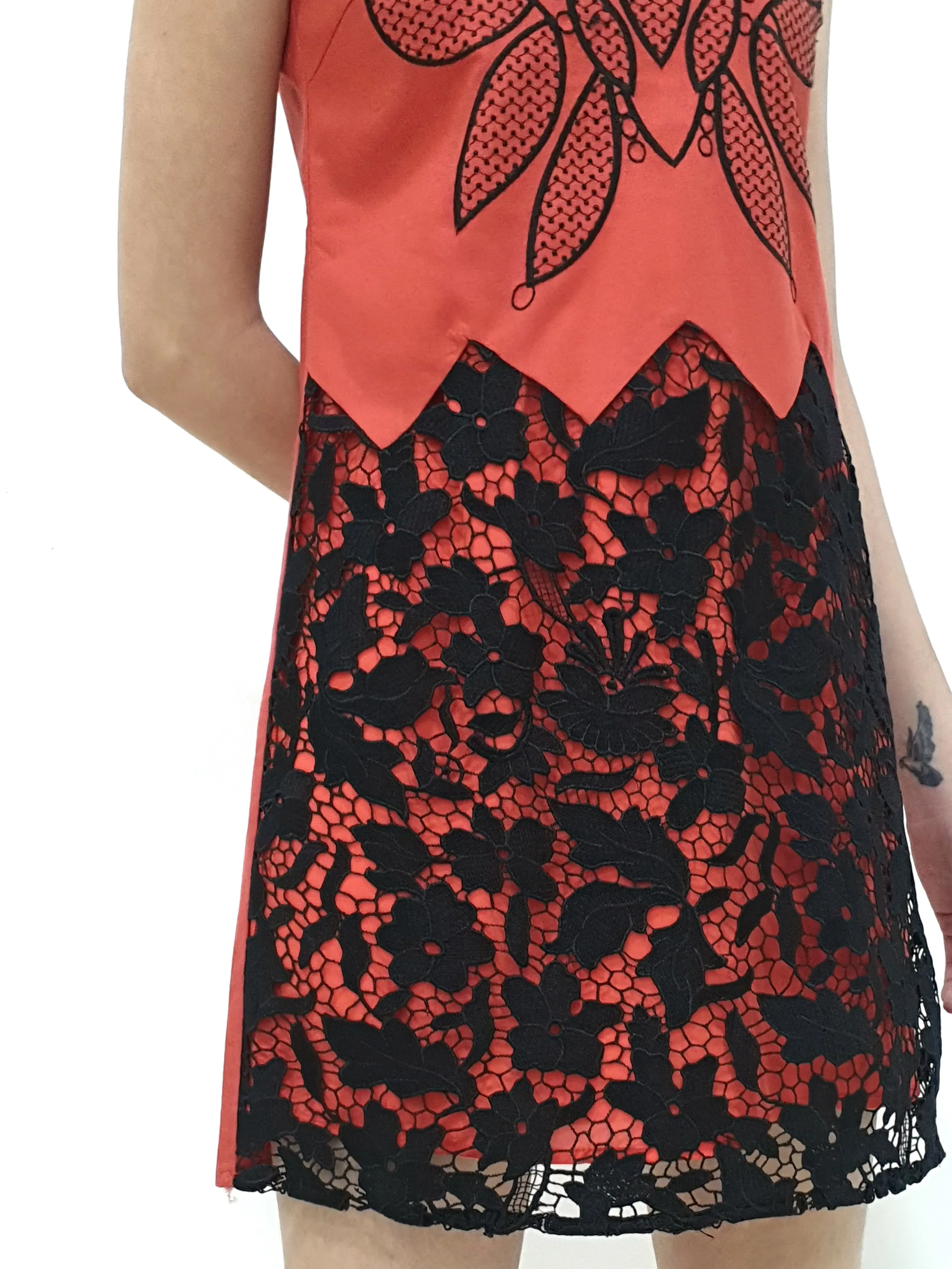 Linen Lace Bottom Dress - Orange (Non-returnable)