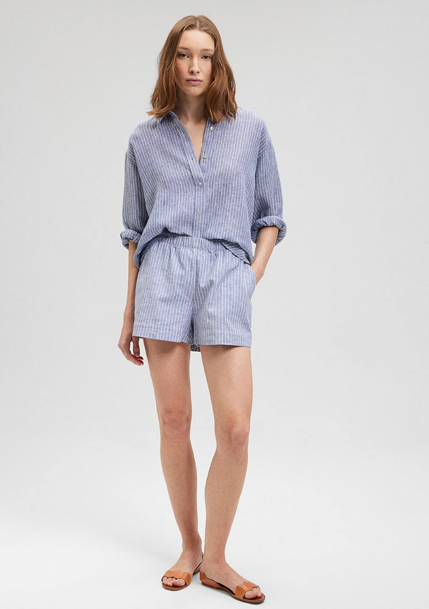 Linen Mix Striped Blue Shorts