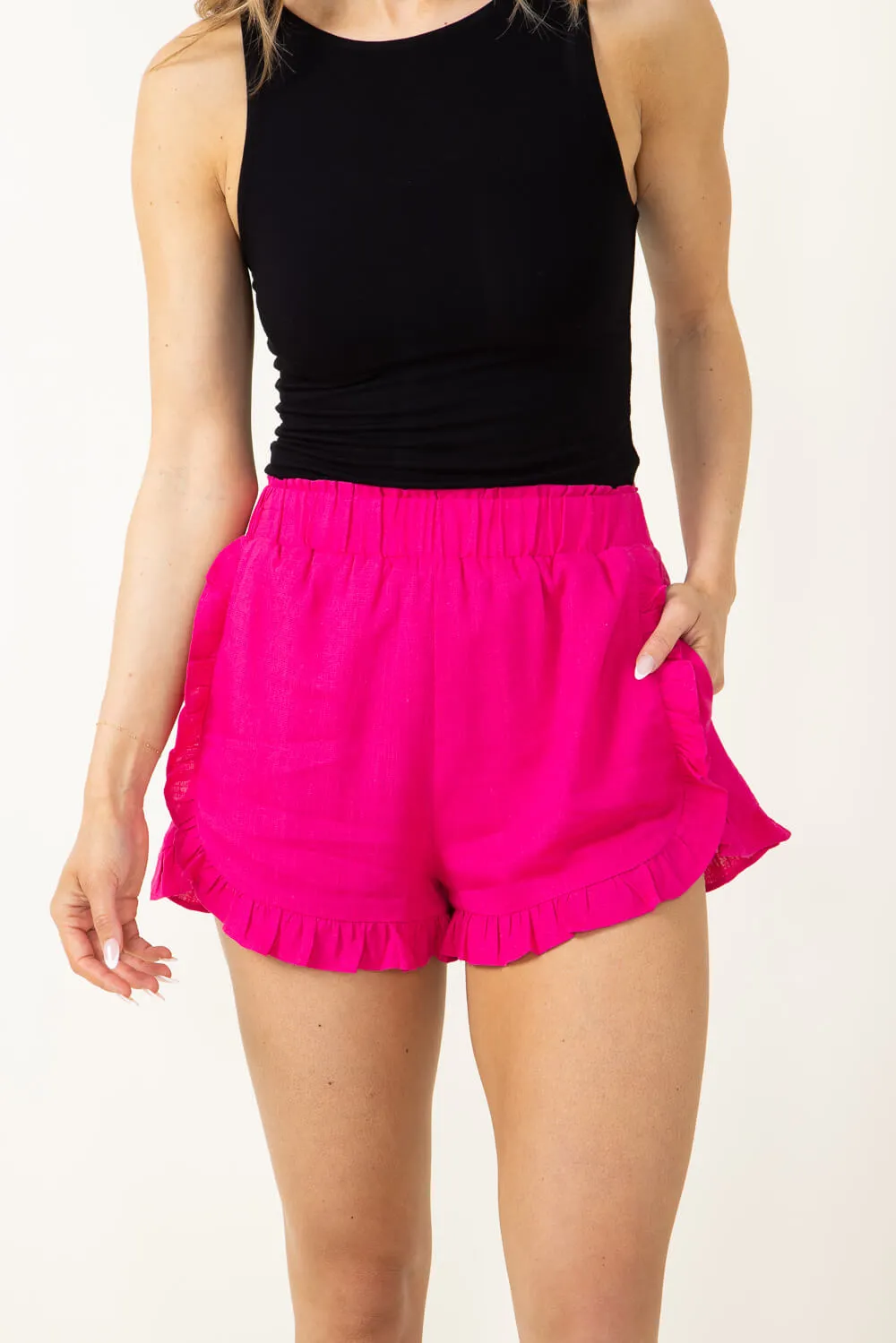 Linen Ruffle Shorts for Women in Hot Pink | NP70048-HOTPINK