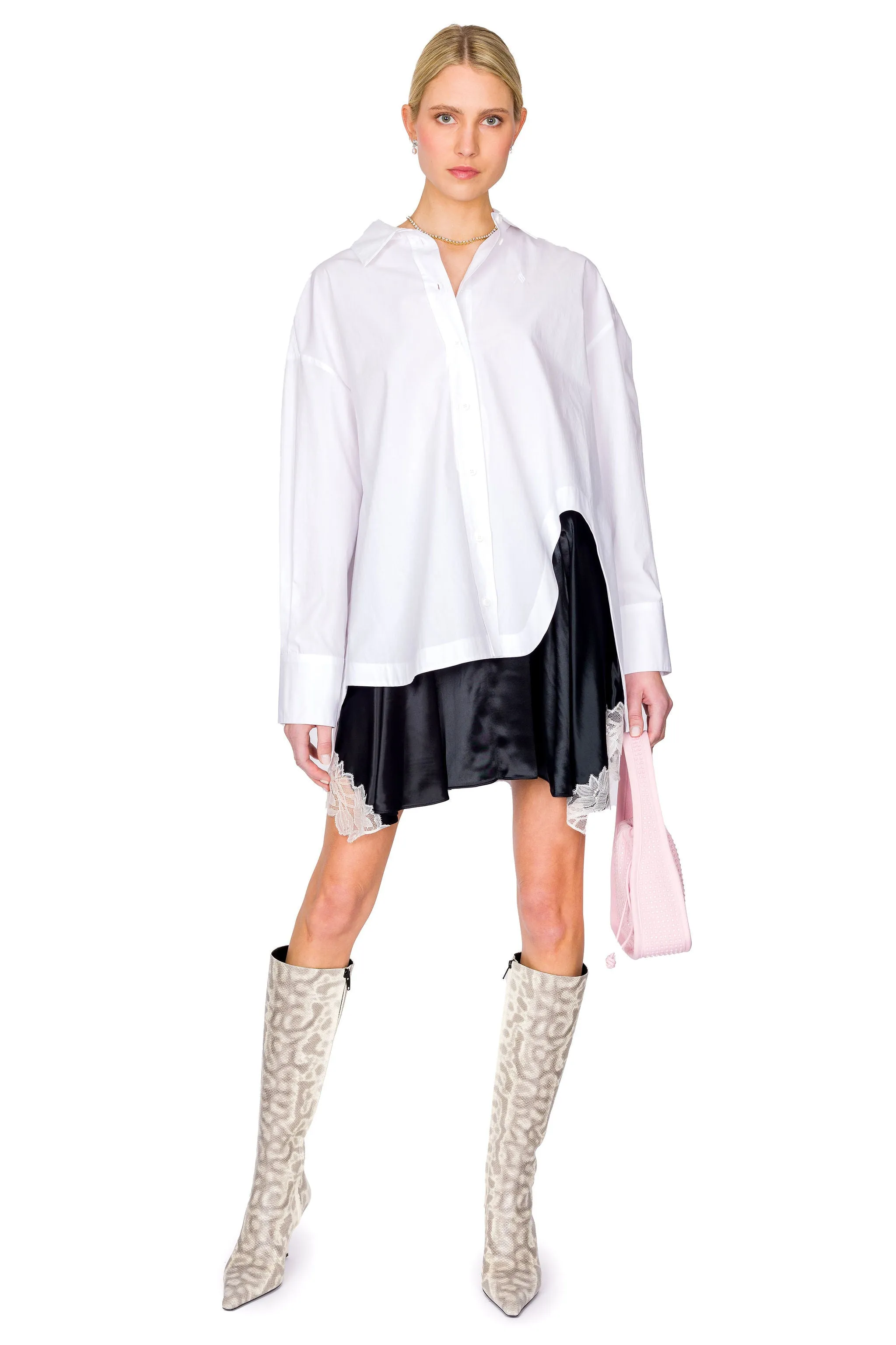 Liquid Satin Flounce Mini Skirt With Lace