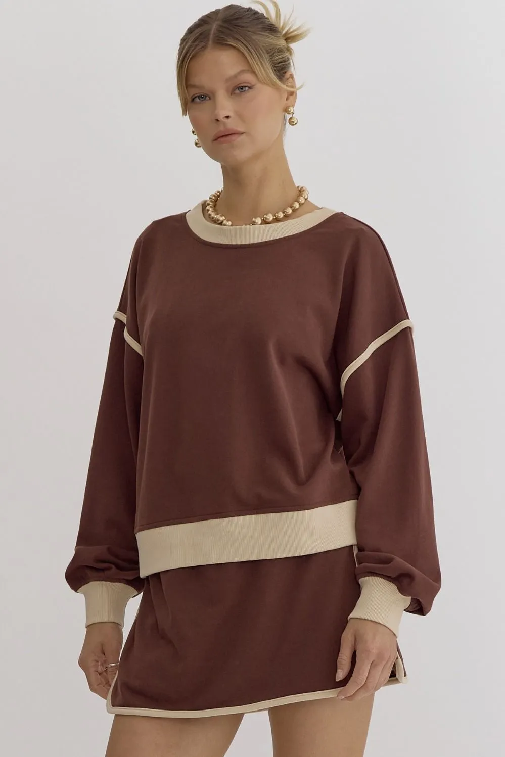 Long Sleeve Contrast Top {Espresso}