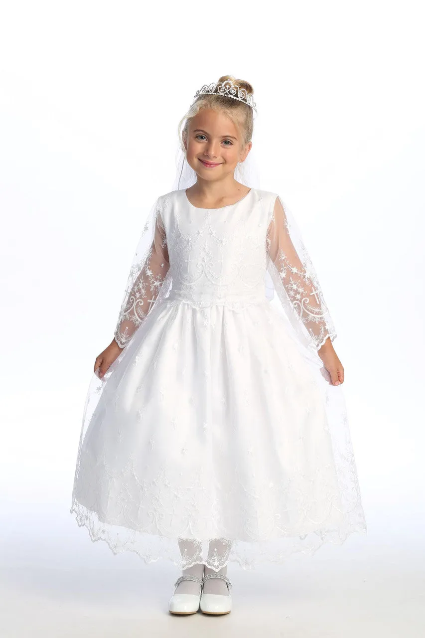 Long Sleeve First Communion Dress with Embroidered Tulle and Cross Designs - SP211