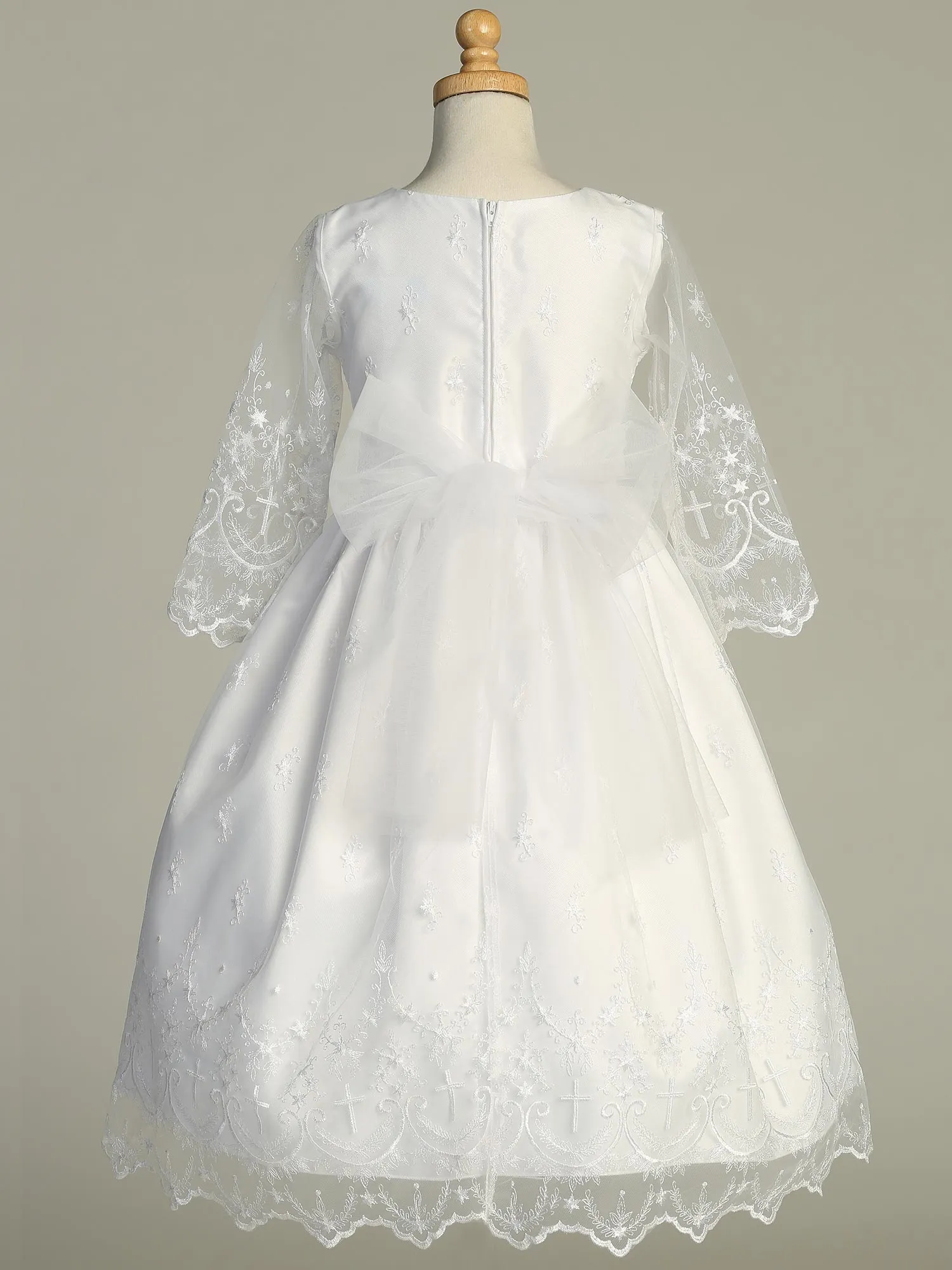 Long Sleeve First Communion Dress with Embroidered Tulle and Cross Designs - SP211