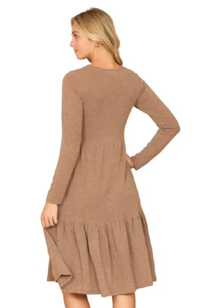 Long Sleeve Round Neck Chambray Tiered Camel - Pack of 6