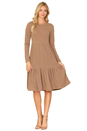 Long Sleeve Round Neck Chambray Tiered Camel - Pack of 6
