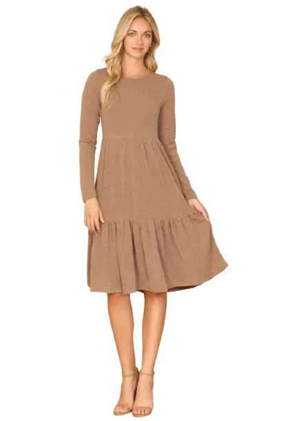 Long Sleeve Round Neck Chambray Tiered Camel - Pack of 6