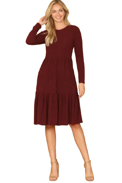 Long Sleeve Round Neck Chambray Tiered Dark Burgundy - Pack of 6