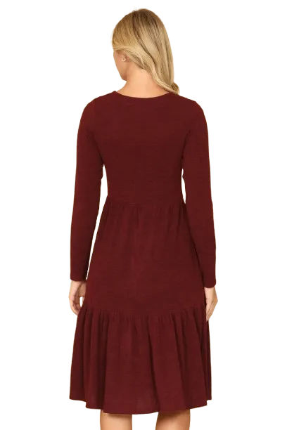 Long Sleeve Round Neck Chambray Tiered Dark Burgundy - Pack of 6